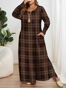 EMERY ROSE Plus Size Vintage Plaid Print Long Sleeve Round Neck Dress, Suitable For Autumn/Winter Spring Fall - Multicolor - View 4