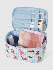 Strawberry Shortcake | ROMWE 女士可爱卡通图案蝴蝶结手提便携化妆包 - 藍色 - 查看 3