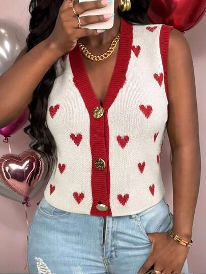 SHEIN BamGlam Chaleco de mujer, botón metálico, color albaricoque, estampado de corazón, suéter de moda minimalista casual, primavera/otoño