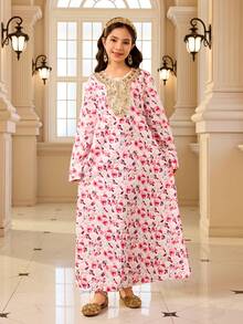 Vestido de Manga Longa com Gola Redonda, Renda Dourada e Estampa Floral Delicada para Meninas, Design Multicolorido para Visual Vibrante, Adequado para Uso Diário, Festas e Apresentações - Multicolorido - Visão 6