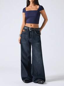 SHEIN EZwear 方领罗纹针织黑色短款T恤 - 藏蓝色 - 查看 4