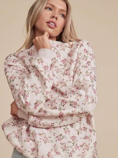 WESTFADE Crewneck Long Sleeve Oversized Floral Print Fleece Boyfriend Sweatshirt Fall, Autumn, Winter, Christmas, Holiday, NYE, New Years, Boho, Casual