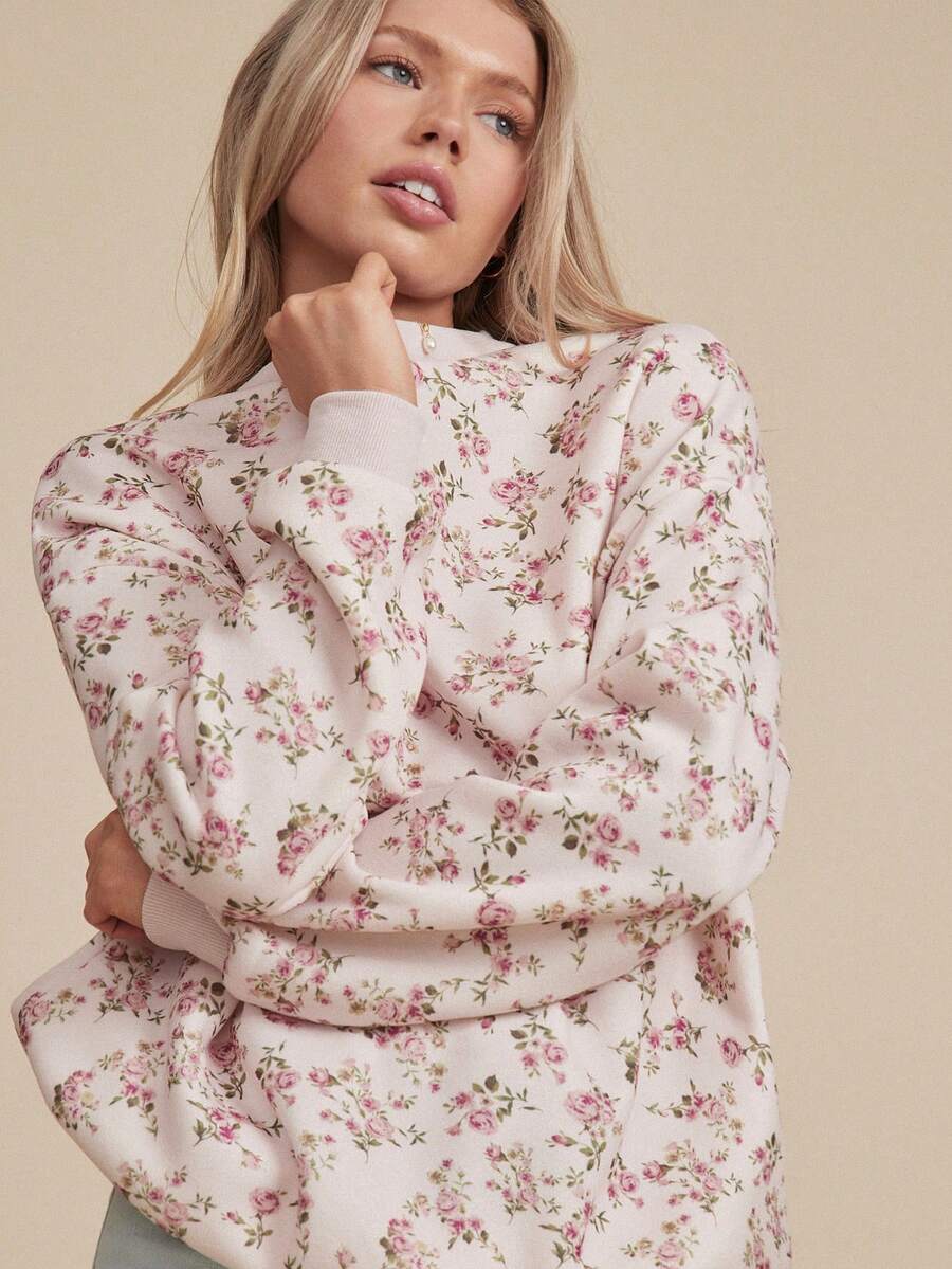 WESTFADE 圆领长袖宽松印花抓绒男友风卫衣，适合秋季、冬季、圣诞节、假日、新年、新年夜、波西米亚风、休闲场合。 - 粉色 - 查看 1