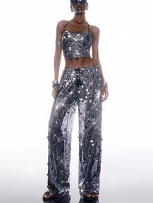 LYSMO 女士亮片露脐吊带上衣和阔腿裤时尚两件套 - 彩色 - 查看 3