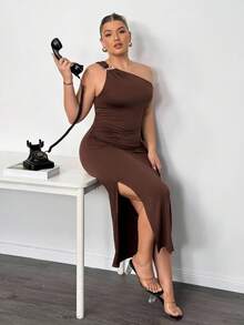 Truni Plus Size Women's Solid Color Sleeveless Ruched Fitted Elegant Dress/Autumn /Winter - Brown - View 8