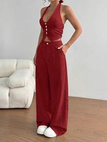 SHEIN PETITE 2件組掛脖綁帶背心與直筒休閒長褲，適合嬌小女性 - 紅色 - 查看 6