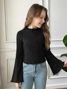 SHEIN Serisse Kids 少女休闲优雅纯色针织荷叶边领喇叭袖T恤上衣，适合返校和日常穿着 - 黑色 - 查看 5