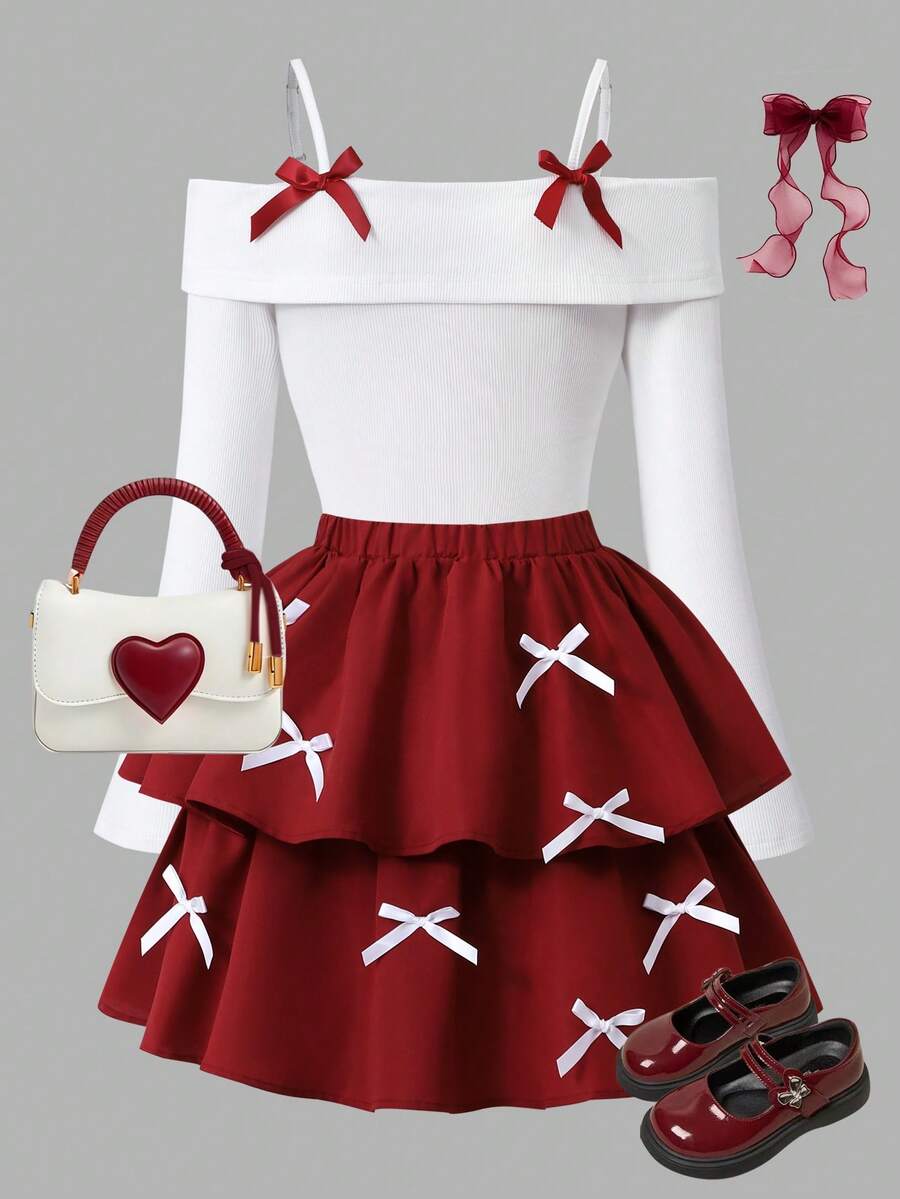 SHEIN Bộ đồ thời trang thanh lịch dành cho bé gái tuổi teen, áo thun trắng phối cùng chân váy đen dệt kim, áo có nơ đen trang trí, chân váy đính ngọc trai. - Màu Đỏ Sâu - Xem 1