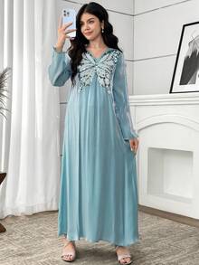 SHEIN Teen Girl Iridescent Sequin Butterfly Beaded Embroidered Casual Dress Sequin Butterfly Dress Long Modest Dresses For Girls Teenager Dress Abaya - Blue - View 4