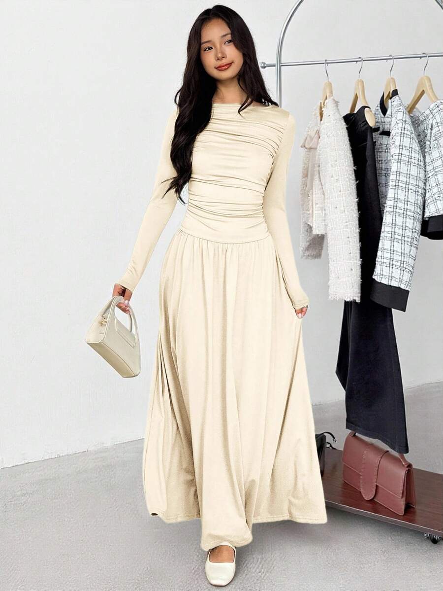 SHEIN Teen Girl Casual Minimalist Comfortable Long Sleeve Cinched Waist Mid-Length Dress - Apricot - View 1