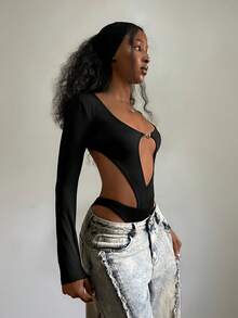 StreetHx 女士纯色镂空设计长袖性感连衣裙 - 黑色 - 查看 4