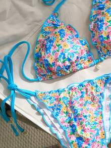 Swim Mod 女士夏季新款碎花性感露背系带比基尼套装，配精致珍珠吊坠，时尚度假沙滩装 - 彩色 - 查看 7