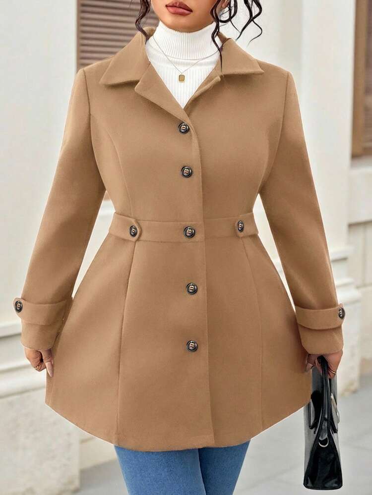 SHEIN Tall CURVE Áo khoác dáng ôm vừa vặn dành cho nữ cỡ lớn, chất liệu len pha, cài một hàng cúc. - Màu Khaki - Xem 4