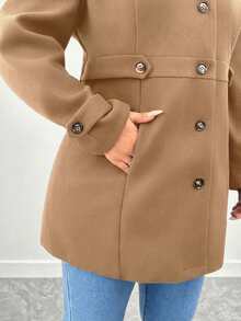 SHEIN Tall CURVE Plus Size Women Tall Fitted Wool Blend Coat, Single Breasted - Khaki - View 5