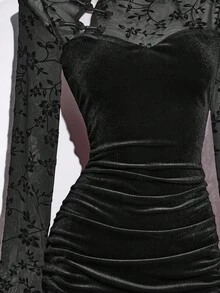 Elamini Vestido mini de mujer de terciopelo con patchwork y ajuste ceñido, estilo chino, adecuado para Navidad, otoño/invierno - Negro - Ver 5