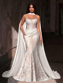 Glamrae 优雅奢华弹力蕾丝褶皱性感无肩带美人鱼婚纱，带可拆卸拖尾，适合婚礼、单身派对、度假、舞会、蜜月等场合。