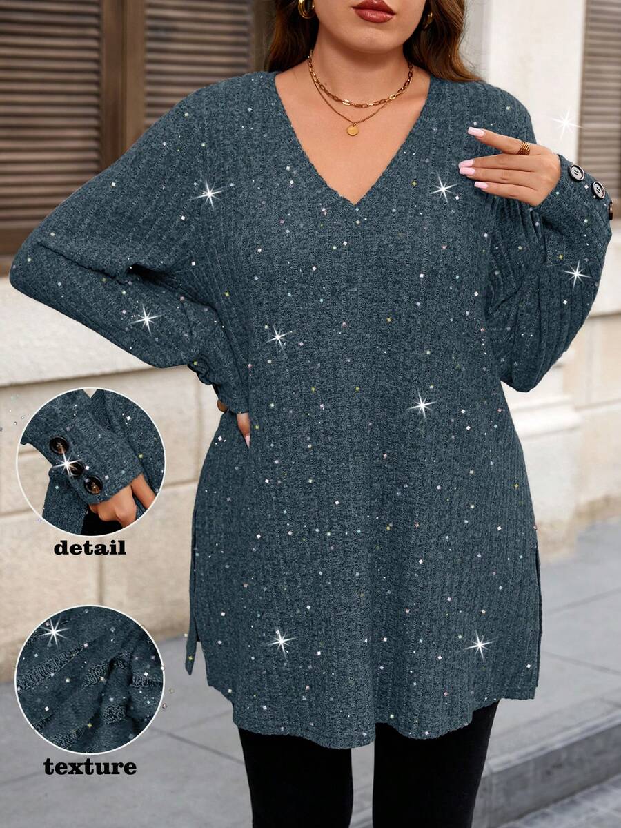 EMERY ROSE Blusa casual y cómoda de manga larga con cuello en V, botones decorativos y estampado de salpicaduras de polvo en unicolor y acanalado para mujer de talla grande - Celeste - Ver 1