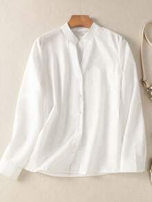 Camisa elegante informal de color liso con cuello en V y botones para mujer,Top de manga larga casual de moda - Blanco - Ver 2