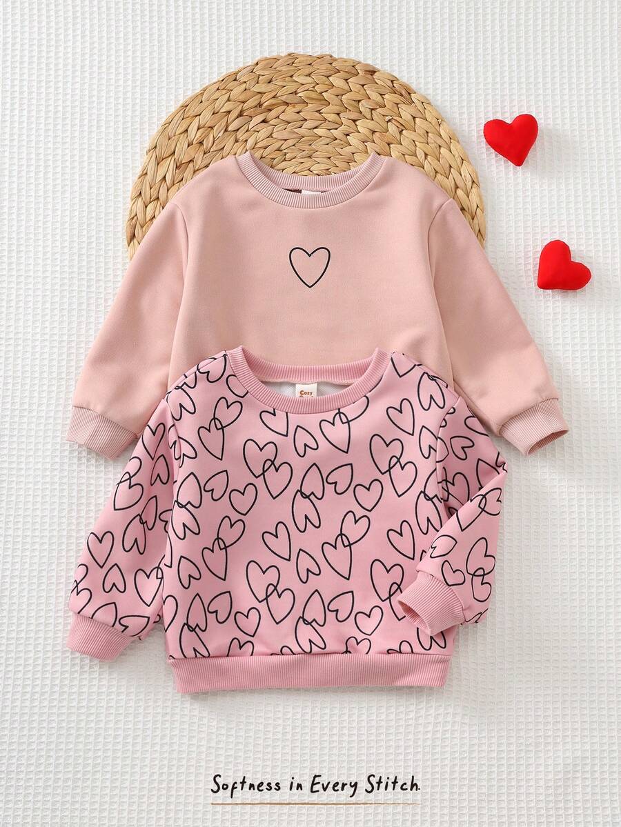 Cozy Pixies 2件套女婴爱心图案针织柔软圆领长袖套头卫衣，适合情人节穿着 - 藕粉色 - 查看 1