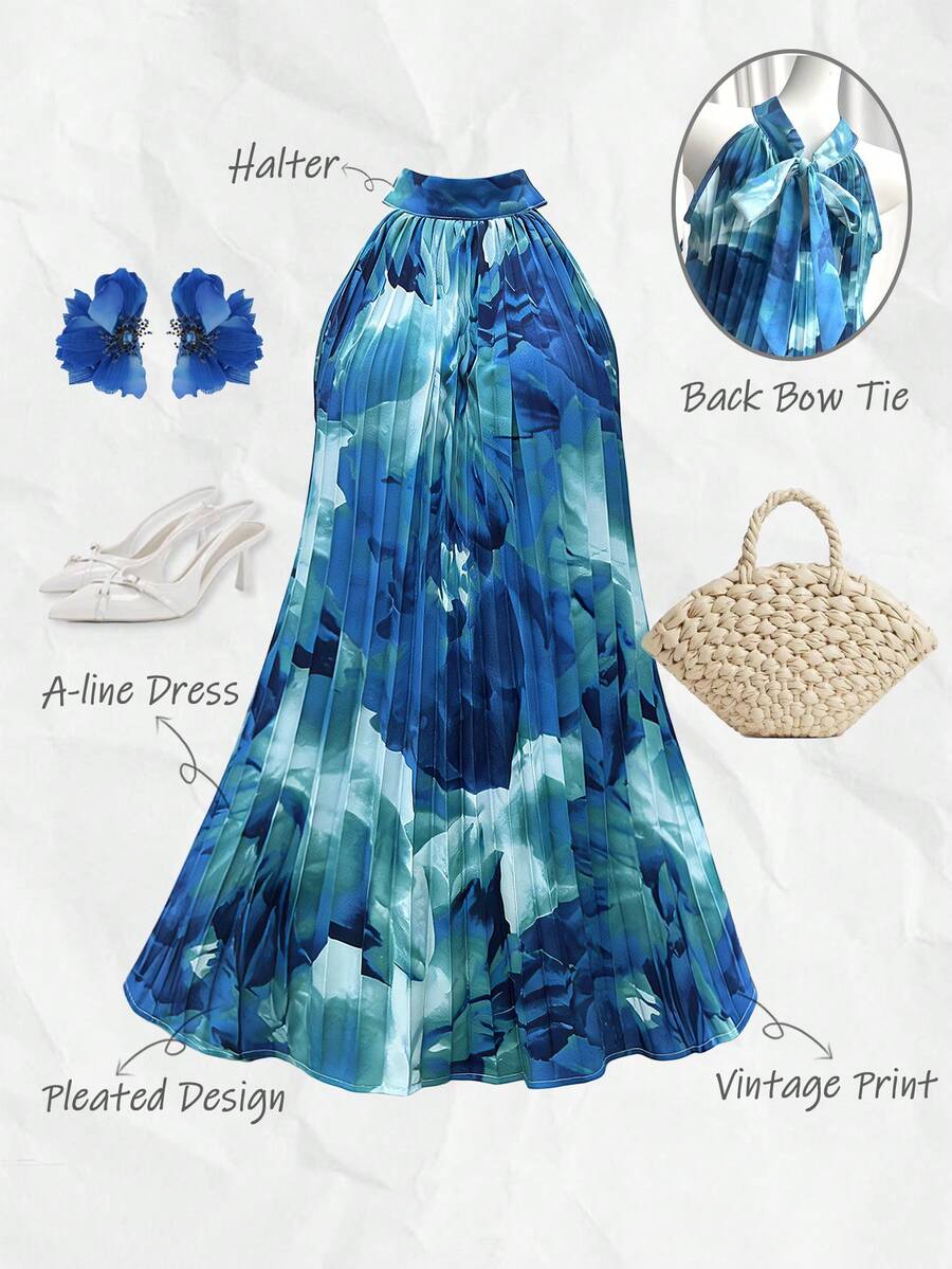 Olithes Women's Floral Printed Pleated Halter Neck Vacation Dress Vacation Beach Outfit - Blue - View 1