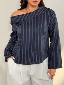 Auralis Navy Blue & White Striped Asymmetric Ruffle Detail Blouse, Plus Size Shirt For Commute, Office, Performance, Date, Sexy, Elegant Romantic, Office Lady, Mermaid Style, Birthday Party Arabian - Blue and White - View 6