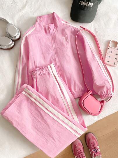 SHEIN 2-Piece Set Tween Girls A Color-Blocked Striped Zip-Up Jacket With An Embroidered Bow And Elastic Waist Pants, Perfect For Pre-Teen Girls.Retro Sports Style Set Suitable For Street Going/Sports And Fitness/Best Friend Travel, All Season Items