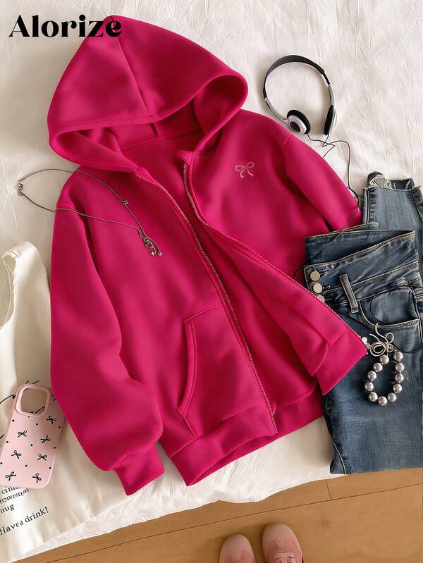 Girls' Casual Versatile Hooded Zip-Up Sweatshirt, With Pink Bow Embroidery On Front, Two Pockets On Sides, Suitable For School, Commuting, Walking, Matching With Sweatpants, Long Sleeves, Sweaters Teen Girls Sweatshirts Zipper Pink Zipper Hoodie