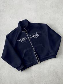 PAVTROS 男士街头风流行INS风FREEDOM印花拉链套头卫衣，适合户外音乐节、夜店、酒吧等场合，可作为男友/老公礼物、周年纪念礼物，白色插肩袖套头卫衣 - 藏蓝色 - 查看 3