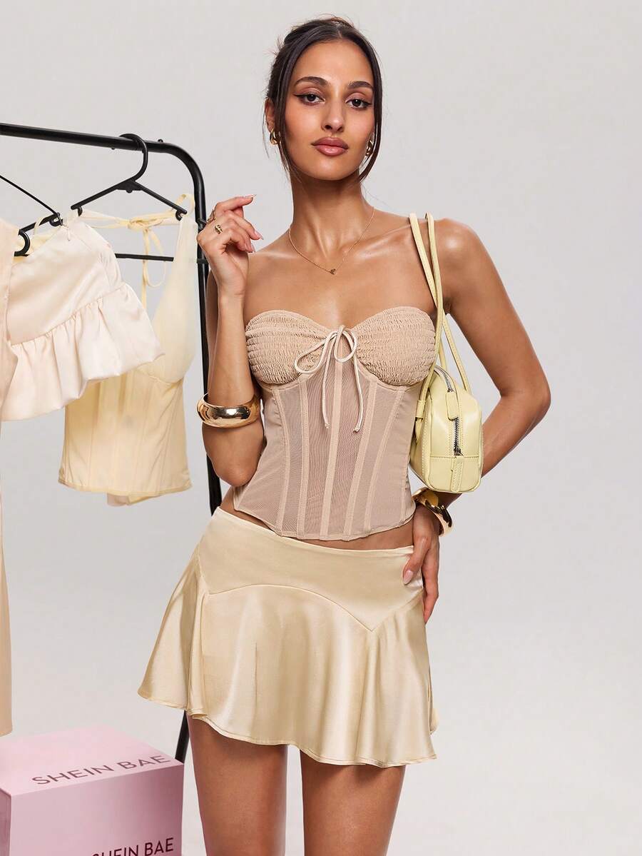 SHEIN BAE Women's Champagne Gold Satin Low-Waist Mini Skirt,Autumn Ruffled Hem Elegant Fashion Skirts (Includes Lining),Seksi Chic Night Out Party Streetwear - Champagne - View 1