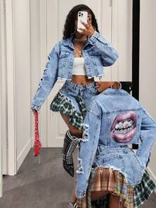 BamGleam Áo khoác denim nữ dáng casual, rách rưới, cài một hàng khuy. - Màu xanh lam - Xem 2