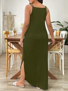 SHEIN Tall 优雅通勤及晚间休闲无袖V领宽松长连衣裙，面料舒适，百搭，黑色，大码及高个款 - 軍綠色 - 查看 2