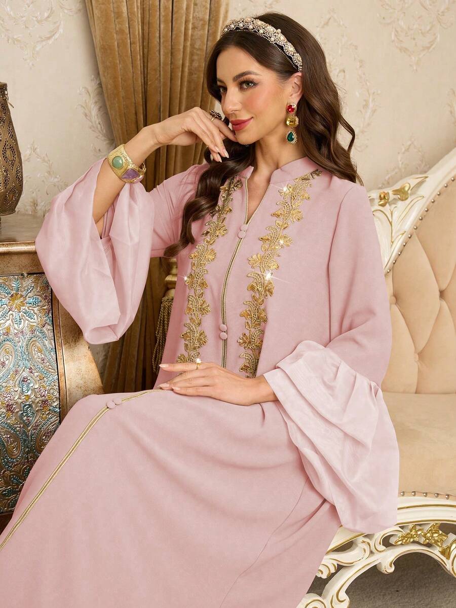 Al Najma Đầm nữ sang trọng, thanh lịch, tay phồng xếp ly, thiết kế riêng. - Hồng - Xem 1