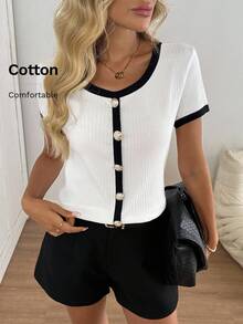 Easowa 女式休闲撞色短袖T恤，夏季 - 卡其色 - 查看 8