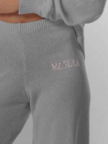 MUSERA Mid Rise Soft Knit Embroidered Wide Leg Trousers Bottom Only Fall Autumn Cosy Cute Casual Coffee Club New Year Thanksgiving Spring - Grey - View 6