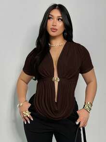 Firerie Plus Size Elegant Sexy Draped Neck Sleeveless Blouse With Metal Buckle Decor And Side Slit, Comfortable & Casual For Spring/Summer Sexy - Coffee Brown - View 3