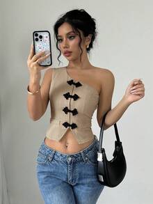 SHEIN PETITE PETITE Asymmetric Hem One Shoulder Blouse, Spring/Summer - Khaki - View 5