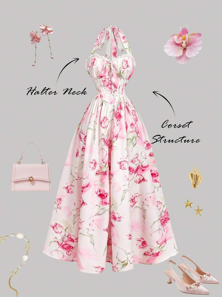 SHEIN MOD 领结浪漫粉色碎花连衣裙 - 彩色 - 查看 1