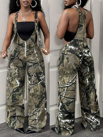 Slaydiva Women's Denim Jumpsuit, Camouflage Straight Leg Denim Jumpsuit, Camouflage Jungle Theme Clothing, Y2K Fashion, Suitable For Outdoor, Street, Everyday, Christmas, Valentine's Day, And New Year.