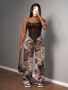 Slaydiva 2025秋冬新款街头休闲修身酒红色纹理PU抹胸背心+高腰阔腿印花裤女两件套，适合锐舞派对、生日、万圣节、聚会、圣诞节、早午餐、返校季等场合。 - 棕色 - 查看 1