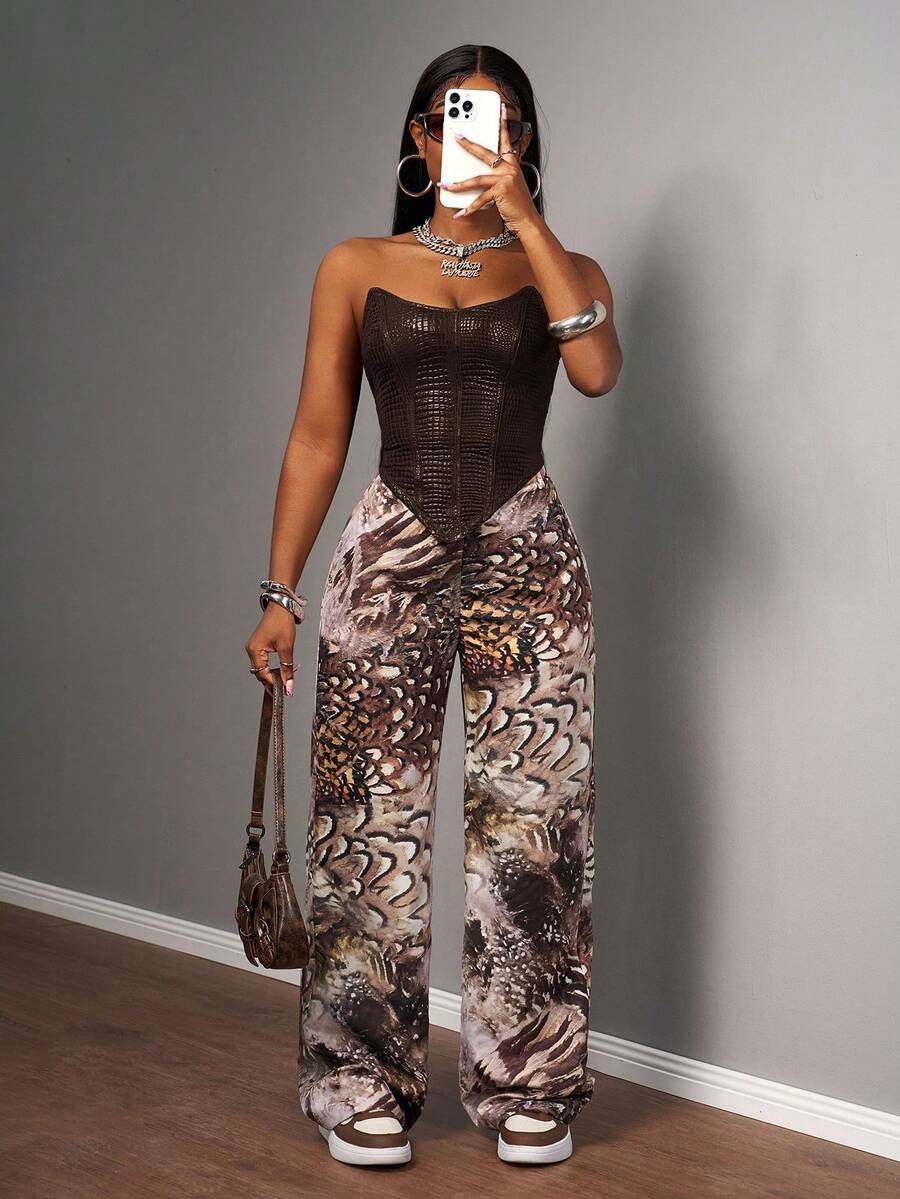 Slaydiva 2025秋冬新款街头休闲修身酒红色纹理PU抹胸背心+高腰阔腿印花裤女两件套，适合锐舞派对、生日、万圣节、聚会、圣诞节、早午餐、返校季等场合。 - 棕色 - 查看 1