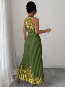 Elenzga Women's Summer Elegant Floral Loose-Fitting Halter Dress - Army Green - View 2