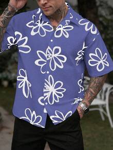 Manfinity Homme Men's Casual Button-Down Short Sleeve Printed Shirt - Blue - View 4