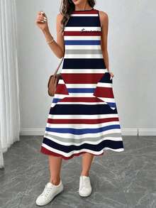 SHEIN LUNE 女士休闲条纹印花中长连衣裙，适合春夏穿着 - 彩色 - 查看 5