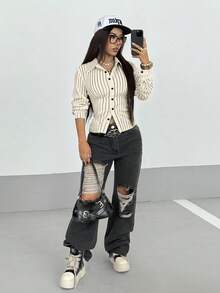 StreetHx 女士复古条纹修身衬衫 - 杏色 - 查看 5