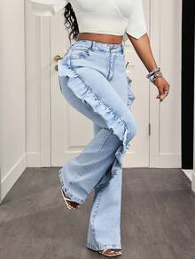 BamGleam Quần jeans ống loe nữ thời trang thường ngày, có túi, phối họa tiết, xếp ly và gấu quần. - Màu xanh lam - Xem 6