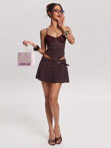 SHEIN BAE 春夏女装时尚性感棕色条纹印花纽扣迷你裙，棕色条纹裙，百褶条纹裙，百搭半身裙，情人节、通勤、外出穿着，时尚单品，休闲半身裙，Y2K风格 - 棕色 - 查看 6