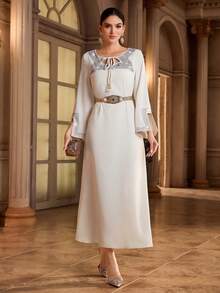 Al Najma Women's Rhinestone Decor Tassel Tie Neck Long Sleeve Elegant Arabic Style Dress - Apricot - View 5