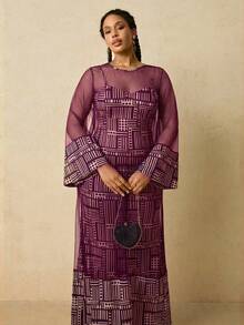 Travachic Conjunto de 2 piezas de vestido de punto con camisola de mujer talla grande con patrón geométrico africano y chal de malla - Rojo violeta - Ver 3