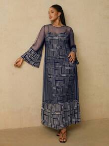 Travachic Plus Size Women African Geometric Pattern Camisole Knit Dress With Mesh Shawl 2 Pieces Set - Royal Blue - View 6