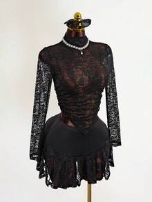 Mistrie Women's Summer Lace Slim Fit Irregular Hem Long Sleeved Round Neck See Through Sexy Black T-Shirt, Women's Summer Black Lace Skin Friendly Breathable Material, Side Seam Pleated Design, Irregular Hem Design. Women's Summer Top, Black Thin And Refreshing Lace Black Top, Women's Summer Matching,Beach For Women - Black - View 7